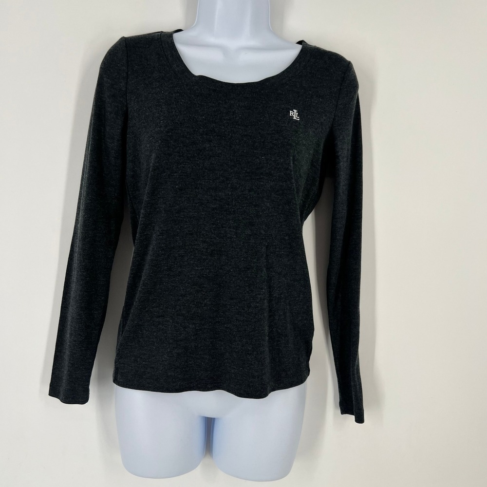 Lauren Ralph Lauren Womens Small Preppy Charcoal Gray Scoop Neck Long Sleeve Top - Picture 9 of 9